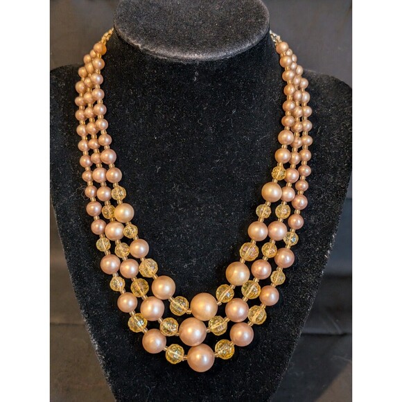Vtg Gorgeous Champagne 3 Strand Bead Beaded Necklace 17.25"long Estate Chunky - Picture 6 of 6